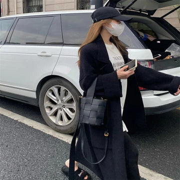 Getadme-Women's Sweaters Polo Collar Long Coat 2023 Autumn Winter New In Korean Lazy High-end Gentle Soft Loose Knit Cardigan Coat